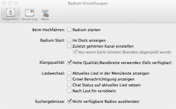 Radium: Einstellungen